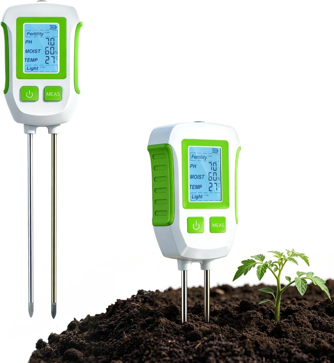 5-in-1 bodemmeter, digitale pH-bodemtester, vochtigheid, bodemvruchtbaarheid, temperatuur en zonlicht