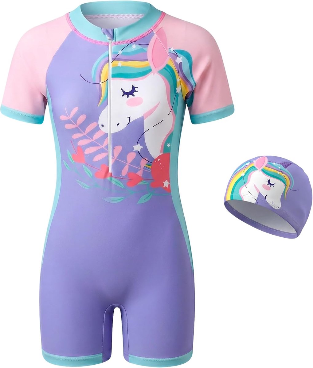 Tokeya Meisjes Eendelig Badpak Kinderzwempak met Badmuts Korte Mouw Rits Sneldrogend Zomer Zwemkleding Badmode voor Strand Zwembad 4-10 Jaar
