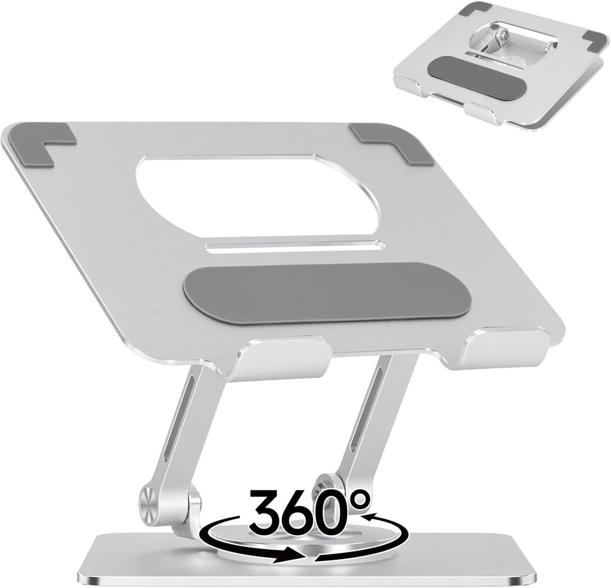 Tabletstandaard, zilver, 360° draaibare telefoonhouder voor het bureau, geschikt voor het opbergen van mobiele telefoons, aluminiumlegering