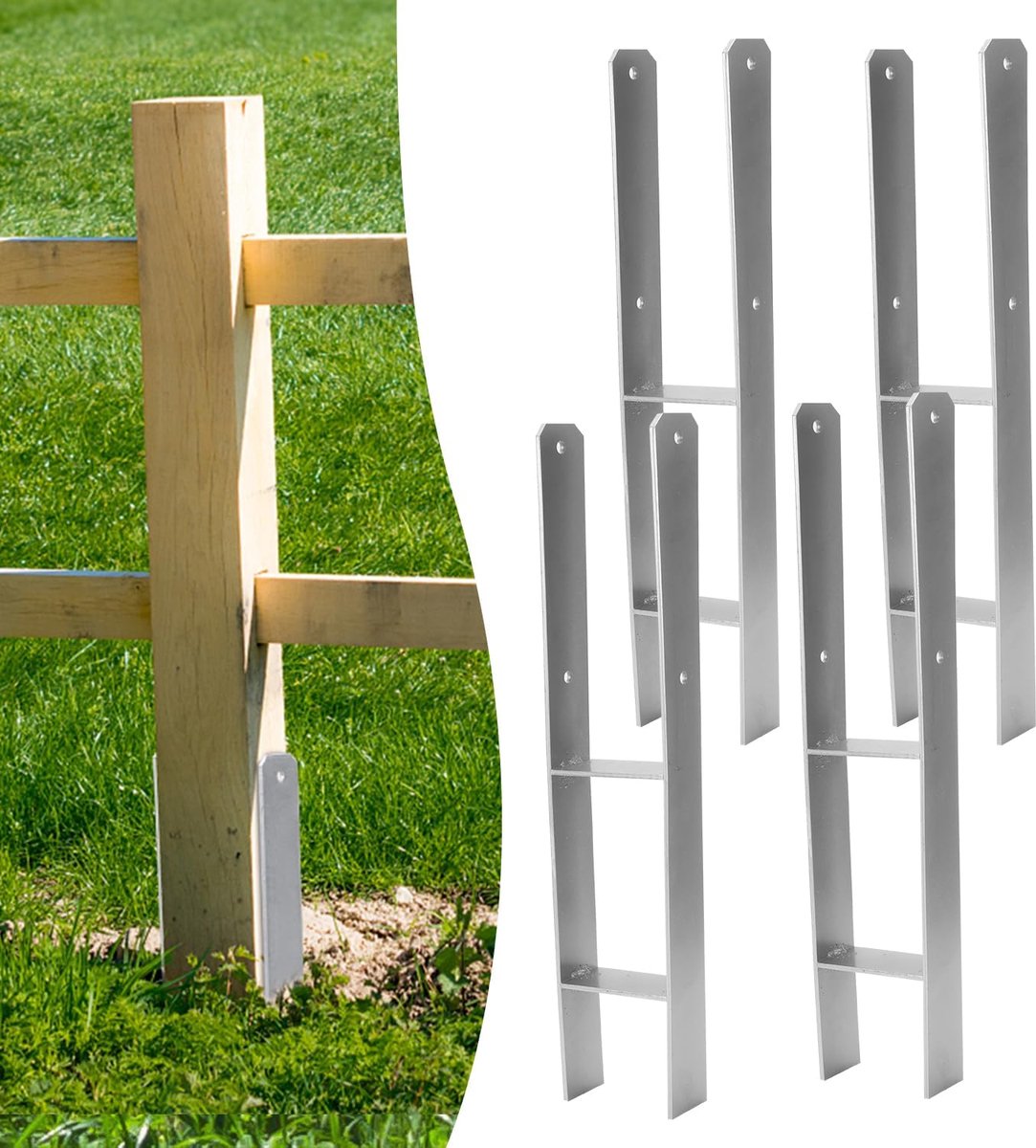 H-paalanker, 4 stuks, H-anker, paaldrager, grondanker voor palen, H-paalschoen voor omheining en broeikas, vierkante houten palen (81 x 600 mm)
