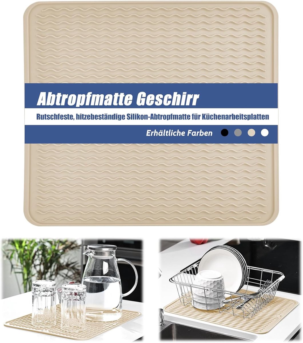 Afdruipmat 30 x 40 cm, hittebestendige, antislip afdruipmat, servies van siliconen, als spoelmat en afdruiponderlegger voor de gootsteen in placemat, beige