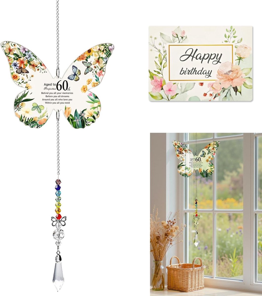 Cadeau 60e Verjaardag voor Vrouwen, Kristallen Acryl Hanger met Verjaardagskaart, Decoratief Vlinder Cadeau voor Moeder, Oma, Zus