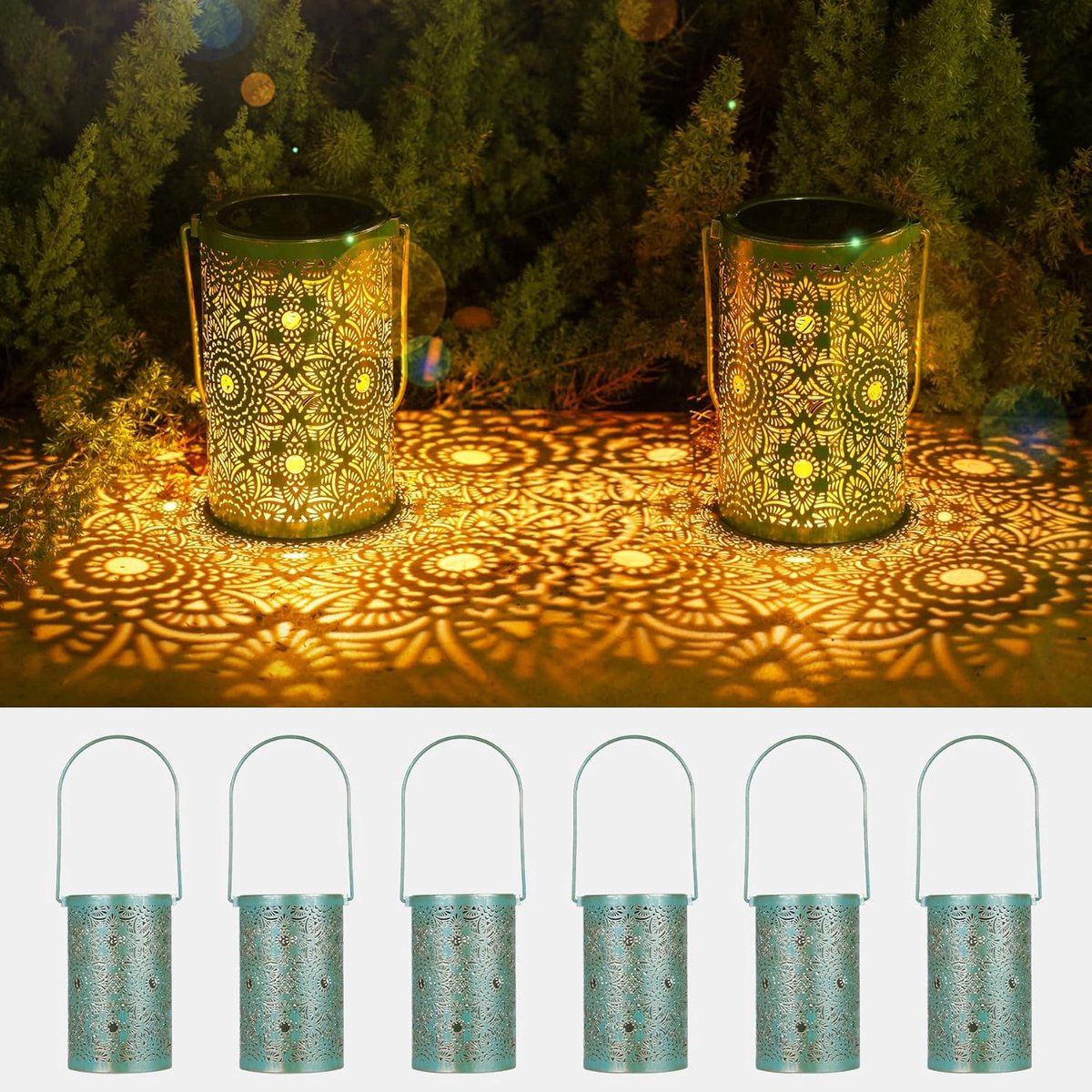 Lantaarns op zonne-energie voor buiten, groen-goud, vintage metalen solarlampen voor buiten, hangend, IP65 waterdicht, 600 mAh zonnelamp, staand voor balkon, gazon, binnenplaats, tuin