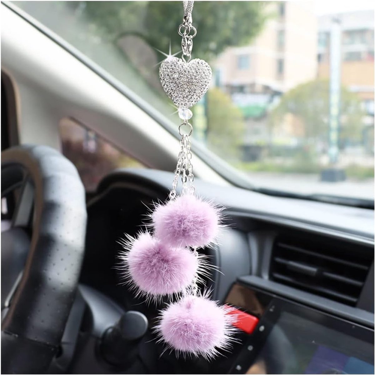 Diamant Hart-achteruitkijkspiegel-accessoires, bling kristal auto universele hanger bedels, auto kristal interieur decoratie veer ornament voor vrouwen (paars)