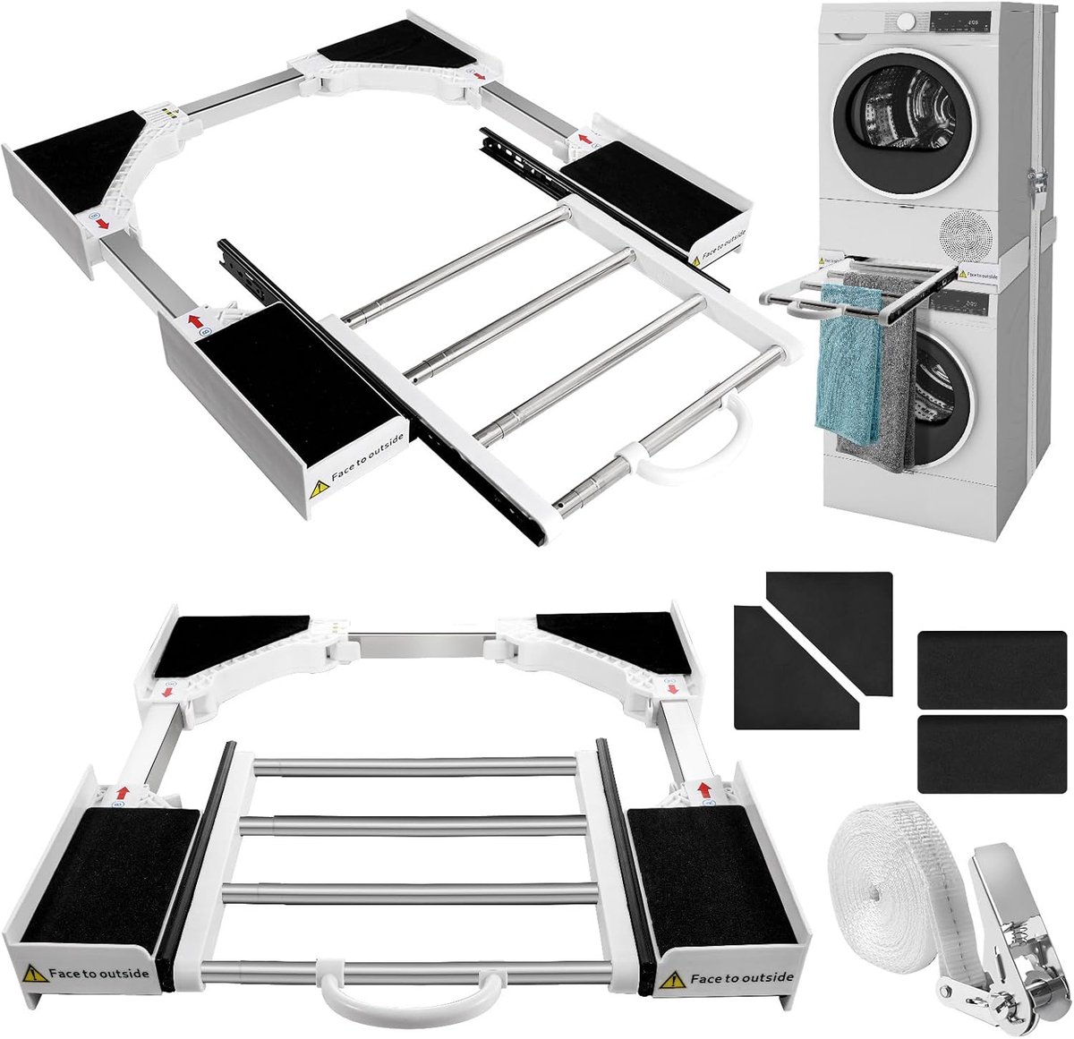 SnelShoppen - Universele Overlappingset voor Wasmachine en Droger met Ratelriemen, Verstelbaar Tussenframe 46-72 cm, Uittrekbare Handdoekhouder - Idea