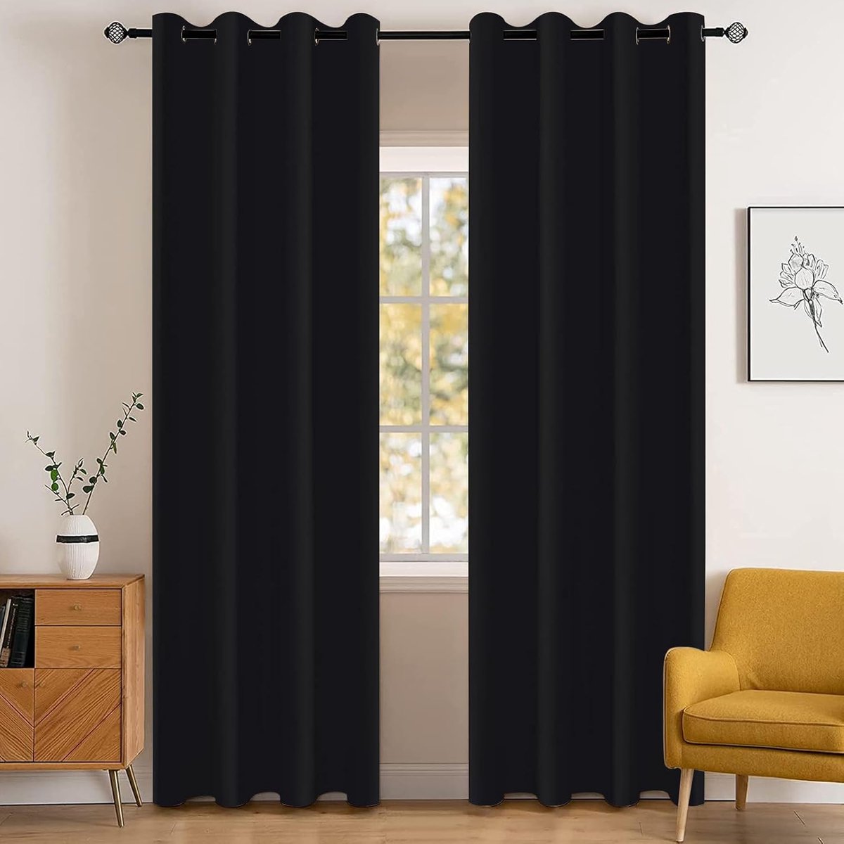 Waterdicht Gordijnen Set Van 2, 140x160cm(B X H), Warmte-Isolerende Thermische Gordijnen Met Ringen, Ondoorzichtig, Koude, Geluidsbescherming, Voor Woonkamer, Slaapkamer, Zwart