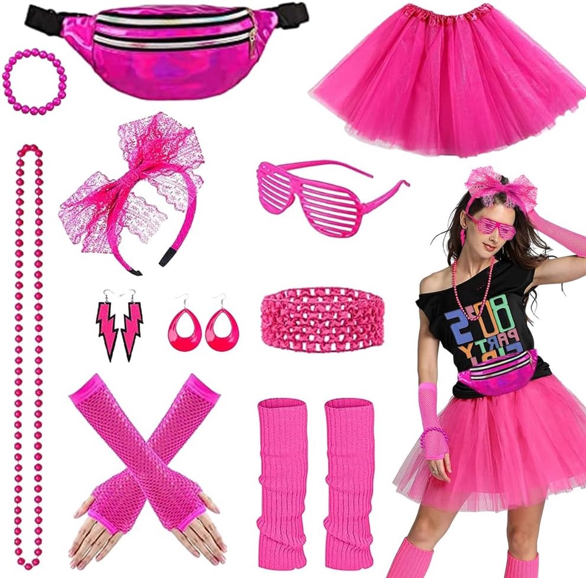 Jaaroutfit voor dames, 11-delige kostuumaccessoireset voor jaren 80, party, carnaval, accessoires voor vrouwen