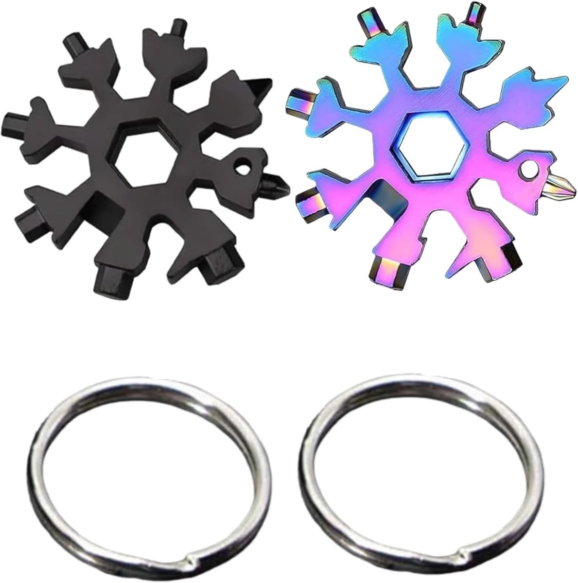 2 stuks 18-in-1 multitool sneeuwvlok, draagbaar, van roestvrij staal, multifunctioneel gereedschap voor sleutels, ideaal voor reizen, kamperen, avontuur en geschenken