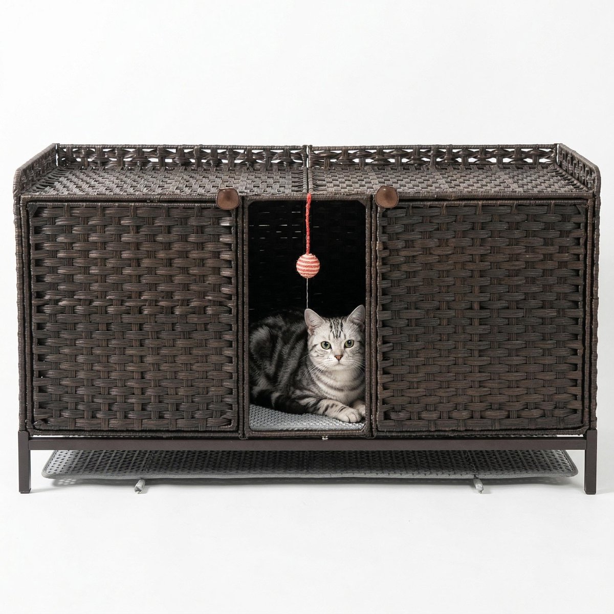 Triumpunpre Verborgen Rattan Kattenbakmeubel voor 2 Katten – Kattenbakomheining met Deuren, Ingangen aan Beide Zijden en 2 Ophanghaken – Dubbel Gebruik: Bijzettafel & Kattenhuisje – 120 x 50 x 61 cm – Bruin