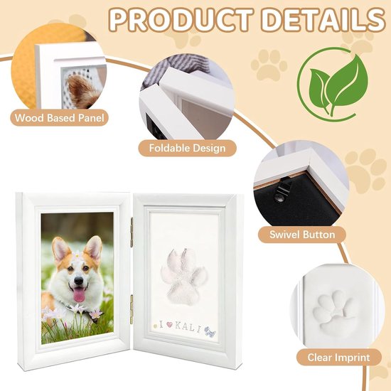Huisdier Poetafdruk Fotokader - Dubbel Vouwbaar Lijst - 23×15cm - voor Hond & Kat, Inclusief Klei voor Pootafdruk, Herdenkingscadeau voor Huisdieren - wit — afbeelding 4