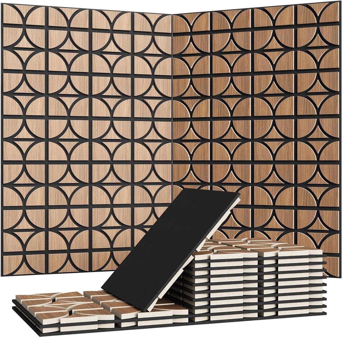 3D-akoestische houten panelen - Geluidsabsorberende wandpanelen - Achterkant van PET-vilt - Voor thuisbioscoop en studio - 12 stuks - 30×30 cm - eikenkleur