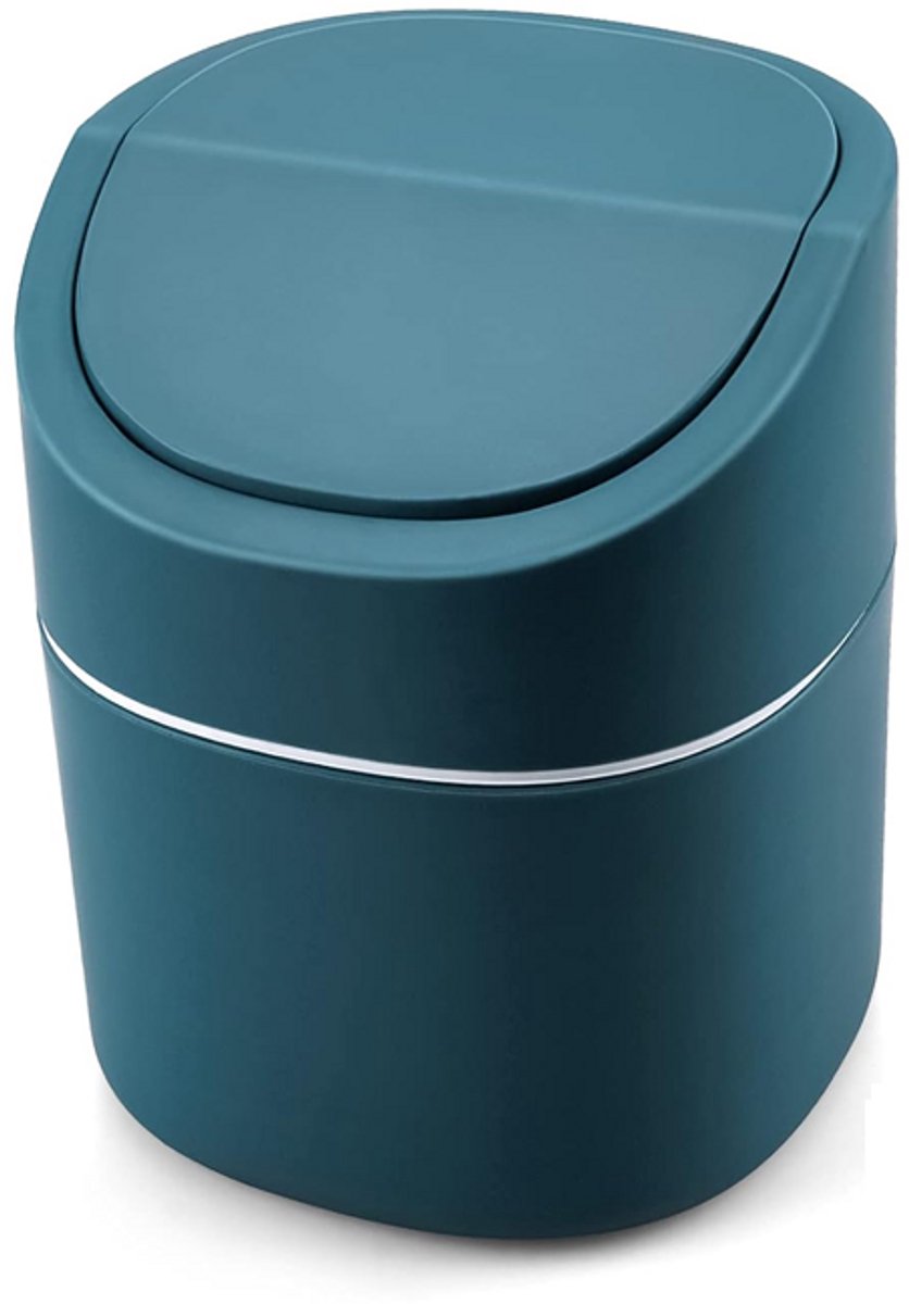 Mini prullenbak voor op het bureau - Prullenbak met klapdeksel - Bureauprullenbak - Afgeronde randen - Klein prullenbakje - Ontworpen voor bureaus en aanrechtbladen - 14*13,5*13,5 cm - Blauw