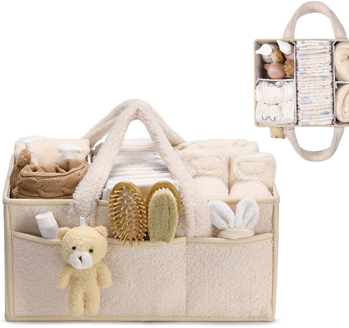 Luierzakjes opbergdoos - Luieropbergmand - Luiertas opbergdoos - Pluche luiermand - Opbergmand - Opbergdoos - Met handvat - Met tussenschotten - 38*25,4*17,8 cm - Geschikt voor slaapkamers, badkamers, uitstapjes, enz. - Beige
