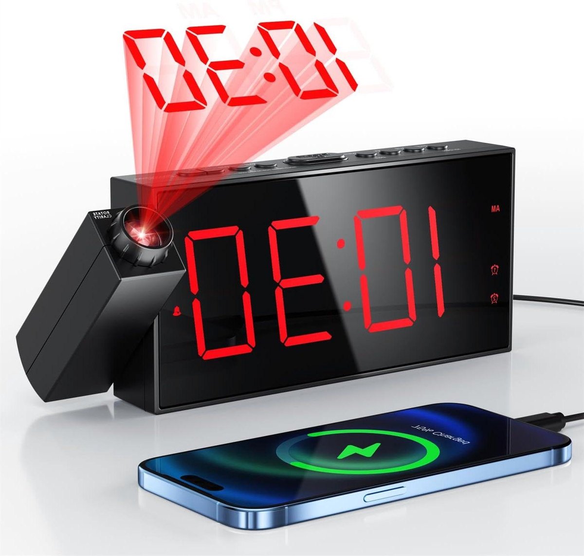Projectie Wekker - Digitale Klok - Wakker Worden - 180° Draaibare Projector - 20.3*9.1*3cm - Rood