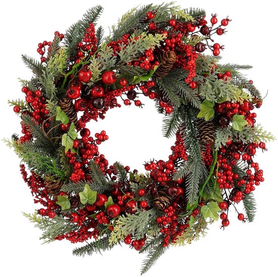 Foto: Mica decorations norah kerstkrans met dennenappels kerstversiering met traditionele look deurkrans voor in de hal of bij de voordeur h13 x 50 cm rood en groen