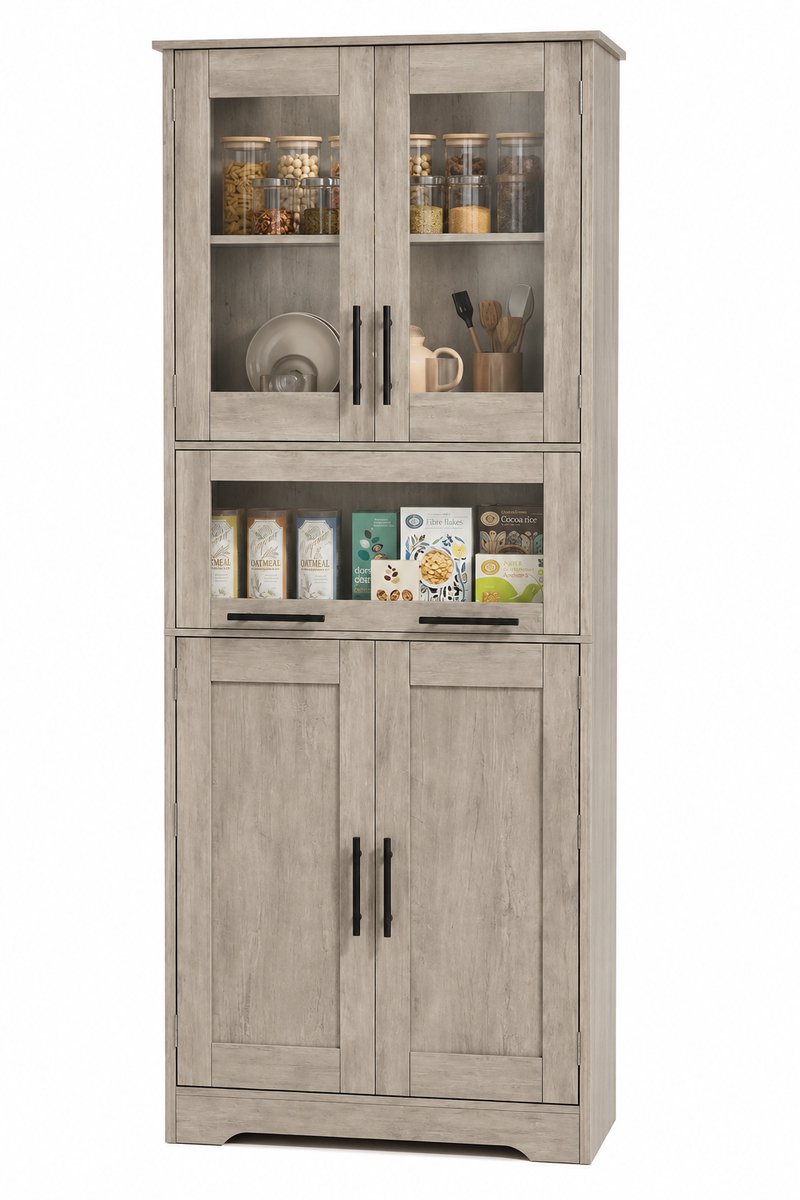Bresht Hoge Badkamerkast - Met Glazen Deuren - MDF - 5 opbergniveaus - 4 deuren - Waterafstotend - Lichtgrijs - 67 × 30 × 170 cm