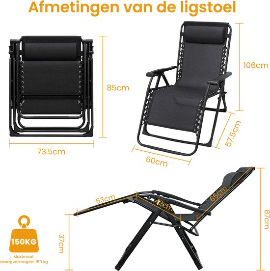 DAITORE - Opvouwbare Ligstoelen - Tuinstoelen - Verstelbaar - tot 150kg - Ademende Teslin-stof - met Kussen en hoofdkussen - Relaxstoelen - voor balkon, tuin, thuisgebruik en camping — afbeelding 3