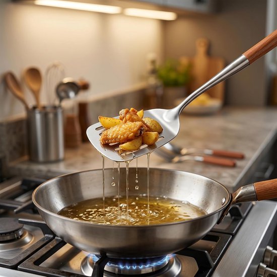 Spatels, vaatwasmachinebestendig, schuimlepel, wok-spatel en pollepel, roestvrijstalen schuimlepel, keukengerei, set met hittebestendige houten handgreep — afbeelding 4
