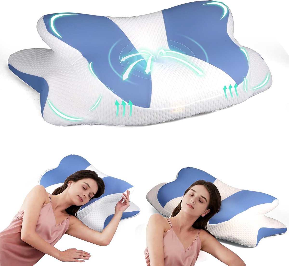 orthopedisch nekkussen, koelkussen, ergonomisch voor zijslapers, optimaal comfort bij nek- en schouderpijn, blauw