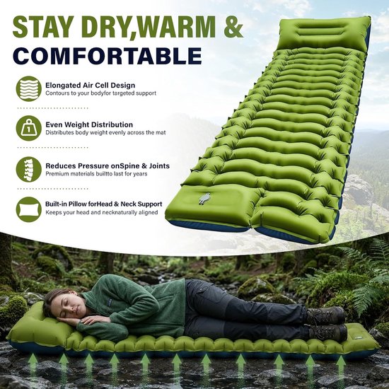 Zelfopblazende campingmat, 8 cm, zelfopblazende isolatiemat met kussen en voetpomp, zelfopblazende matras, waterdicht, luchtmatras voor reizen — afbeelding 4
