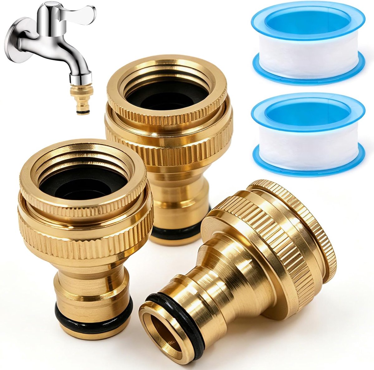 5-delige set - 3/4 inch slangaansluiting van messing, compatibel met Gardena kraanverbinder, 2-in-1 tuinslangaansluiting voor 1/2 en 3/4 inch kraan, incl. 2 rollen afdichtingstape