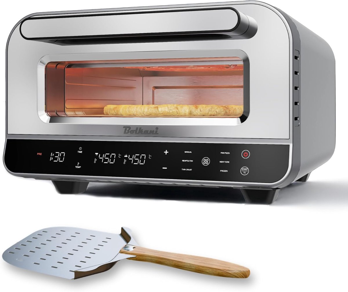 SnelShoppen - Elektrische Pizza Oven met Pizzasteen en Pizzaschep – 450 °C voor Knapperige Steenkoven Pizza in 2 Minuten – 1700 W, Timer, Interieurver