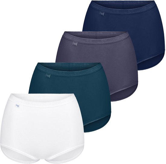 Set van vier damesmaxislips in wit, petrol, grijsblauw en donkerblauw, met kanten boord.