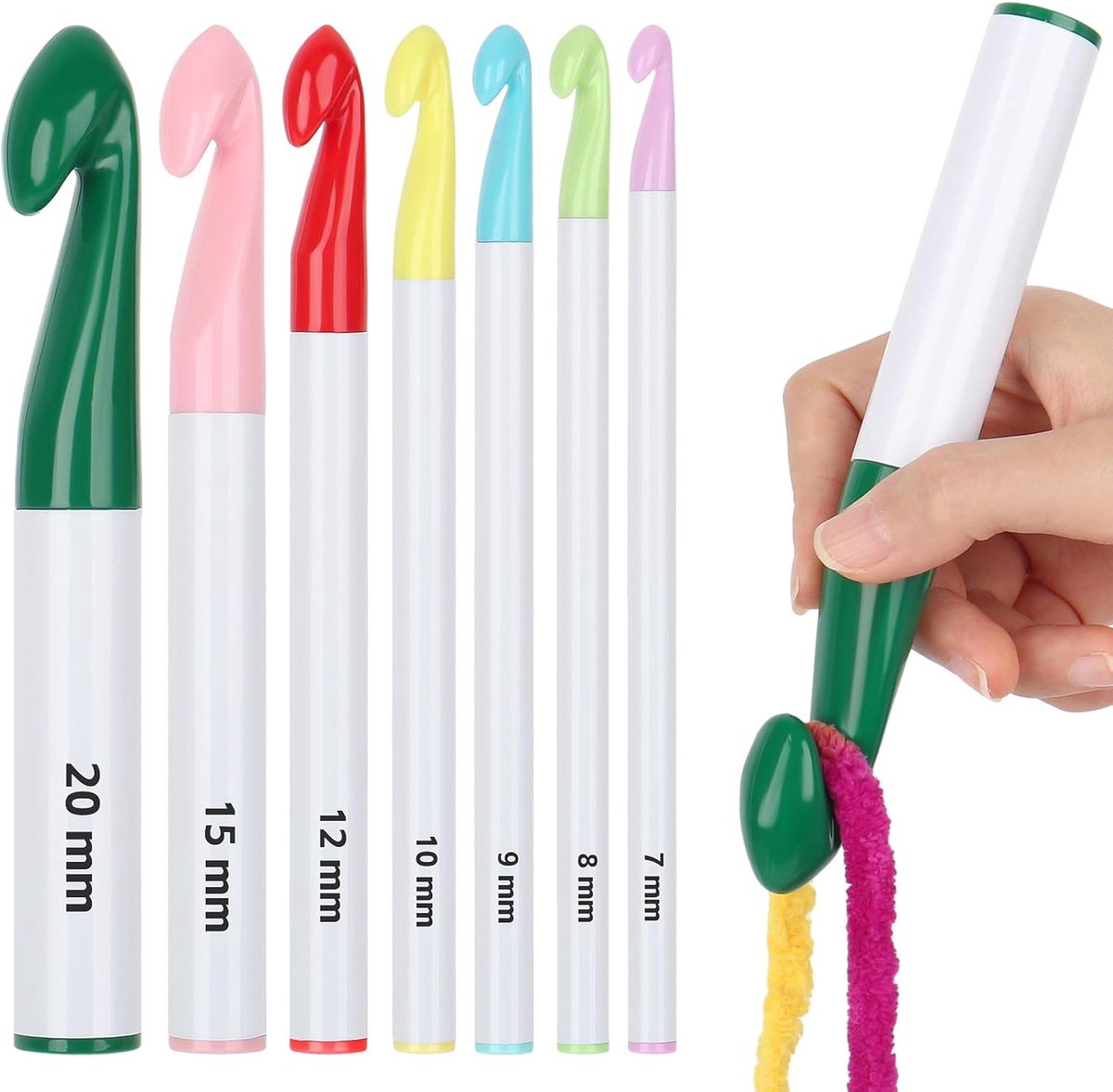 Complete set voor beginners, 7 stuks, grote ergonomische haaknaalden, 20 mm/15 mm/12 mm/10 mm/9 mm/8 mm/7 mm, voor verschillende soorten grote draden, haakset voor volwassenen en kinderen