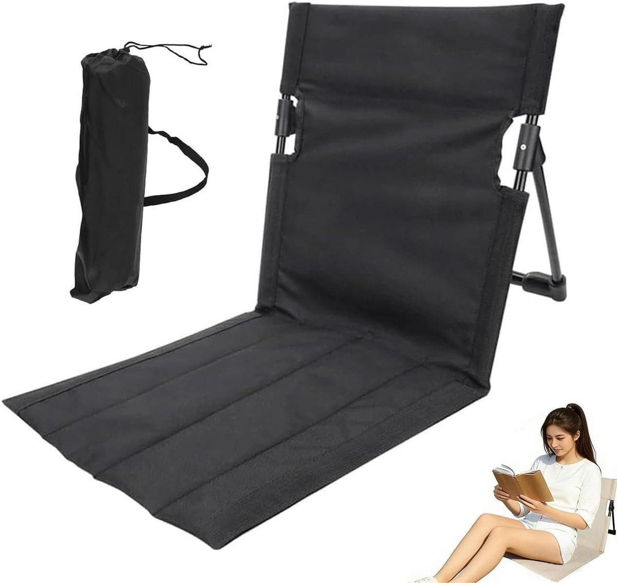 Strandmat met rugleuning, strandstoel, inklapbaar, licht, strandstoel, opvouwbaar, met draagtas, stof voor strand, camping, tuin (zwart), 1 stuk