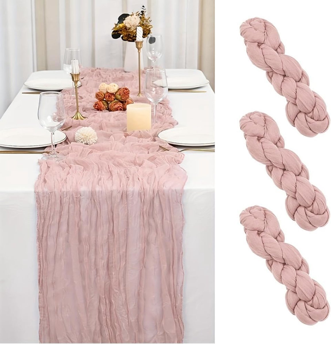 Tafellopers van chiffon, roze tafellopers, gaas, Boheemse chiffon, rustieke gaasstof voor bruiloften, festivals, afstudeerfeesten, diners, feestjes in de open lucht