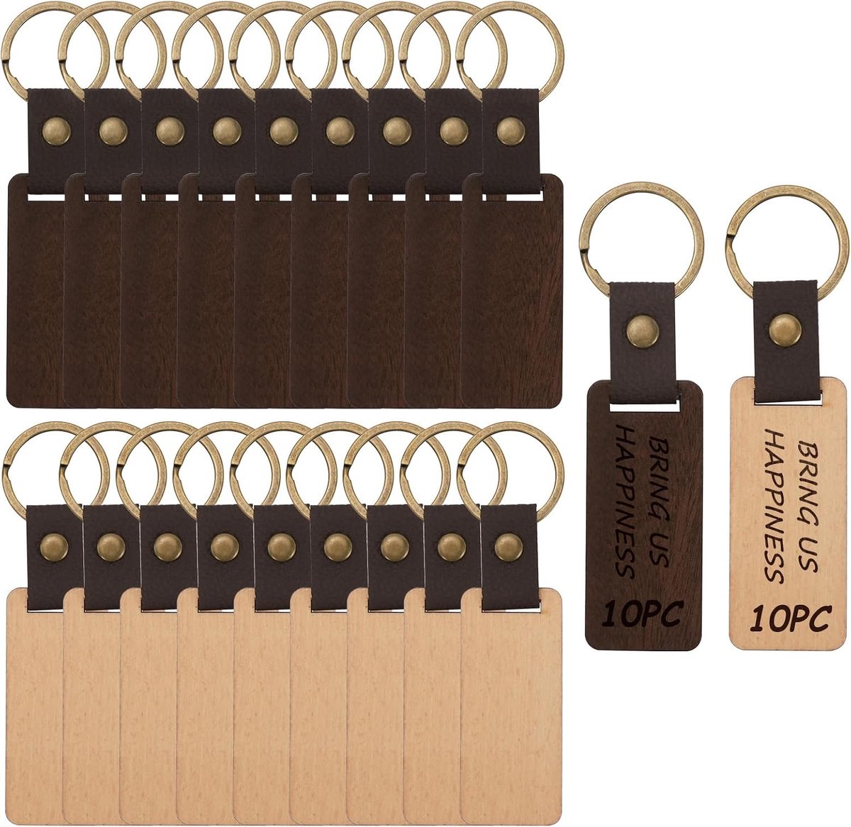 20 stuks houten sleutelhanger ondergrond, gepersonaliseerde sleutelhanger, sleutelring leder, laser hout, rechthoekige ondergronden met PU-leer voor graveren DIY knutselgeschenken, 2 kleuren