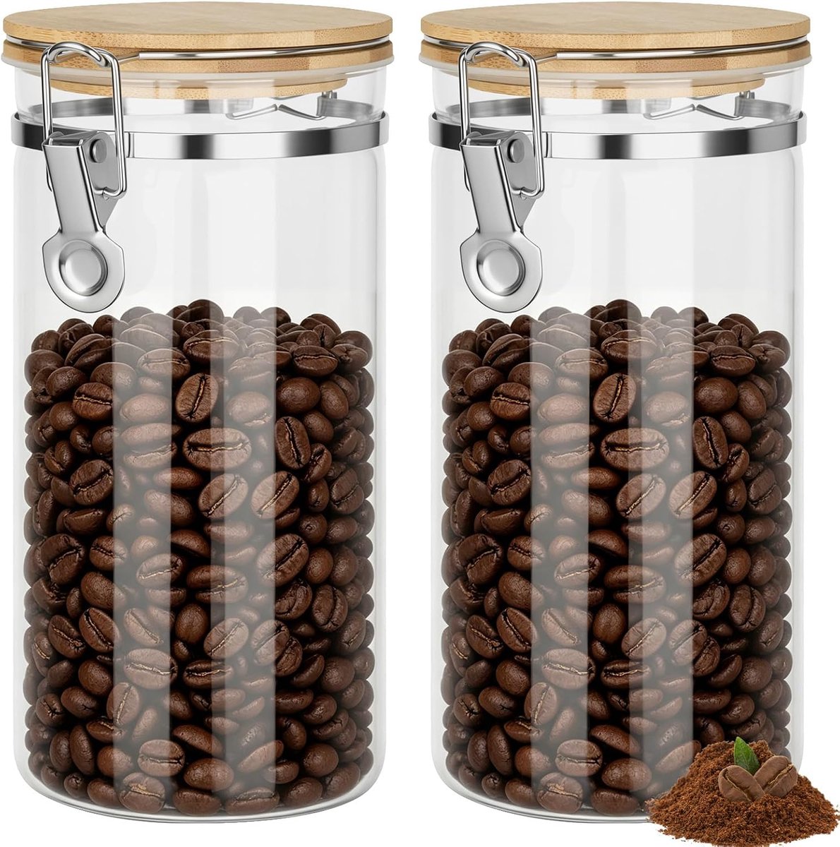 2 stuks koffieblikjes luchtdicht met deksel 1,6 l koffiebonen container | Van glas, koffiebonen, bewaardoos voor malen, bonen, thee, meel, granen en suiker