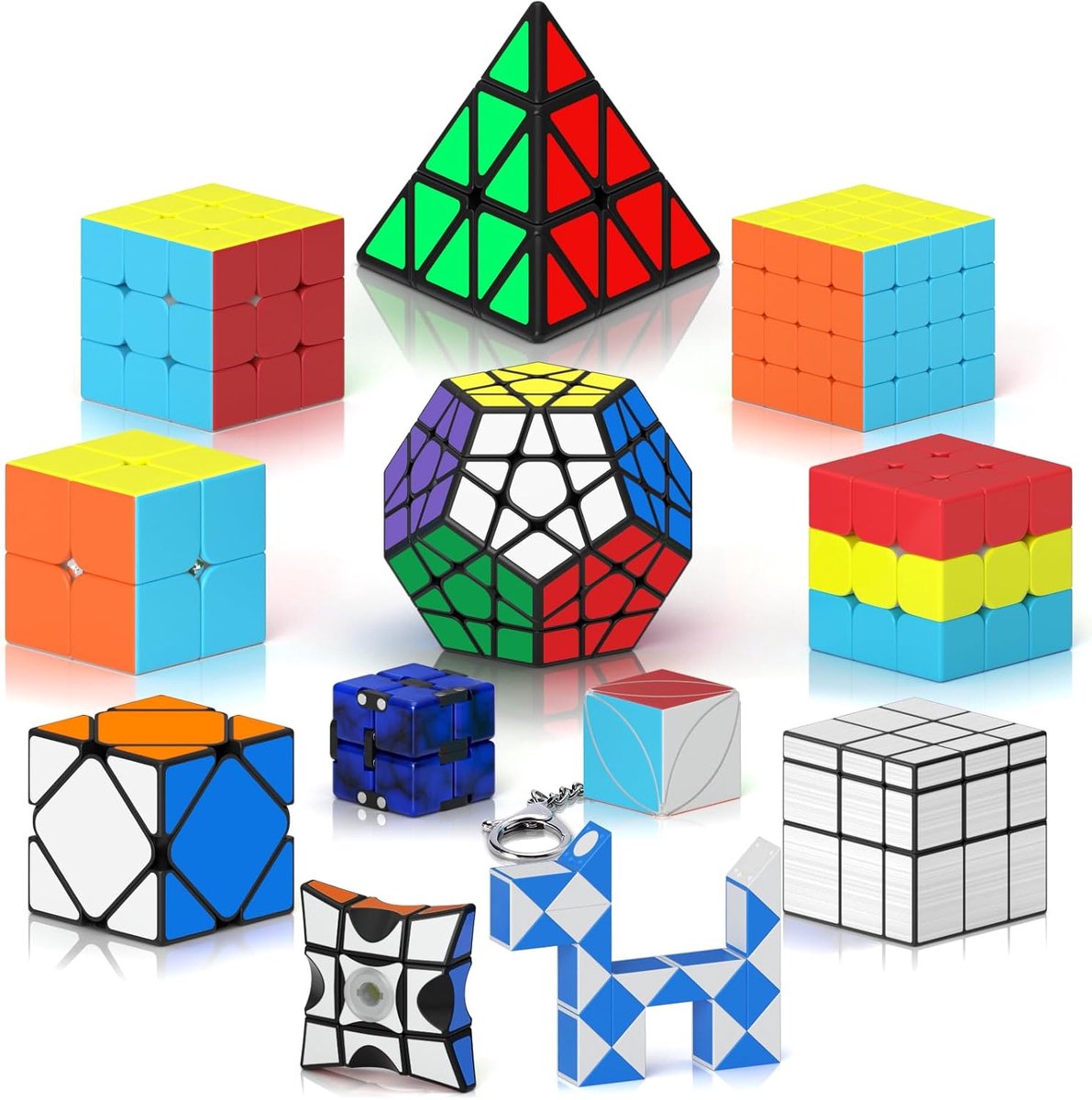 Snelle kubusset, magische kubussen, 2 x 2, 3 x 3, 4 x 4, piramide Skewb kubus sticker Infinity spinner kubus 1 x 3 x 3, kerstcadeaus verjaardag voor kinderen, jongeren en volwassenen (12