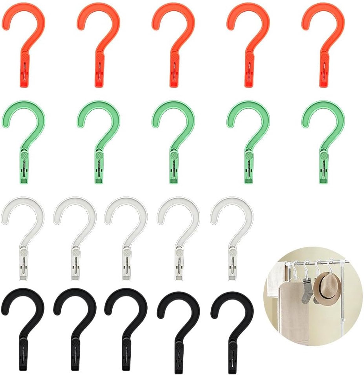 Hanger Clip, 20 Stuks Washaken, voor de keuken, slaapkamer | PP + roestvrijstalen veer, 4 kleuren, antislipklemmen, met haak, voor het ophangen van handdoeken, kleding, hoeden enz.