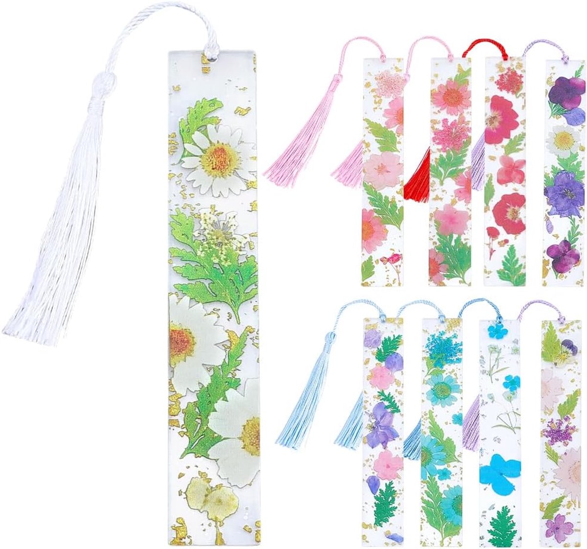 Boekenleggers met gedroogde bloemen, 9 kleuren, rechthoekig, acryl bloemen, bladwijzers, transparant, bloemen, geperste bloemen, bladwijzers met kwastjes
