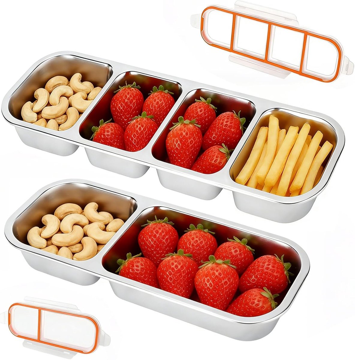 2 Stuks Herbruikbare Rvs Snackdozen Met Lekvrije Deksel, 2 Compartimenten & 4 Vakjes, Stapelbare Metaal Bewaarboxen Voor Volwassenen, Maaltijd Voorbereiden, Reiz