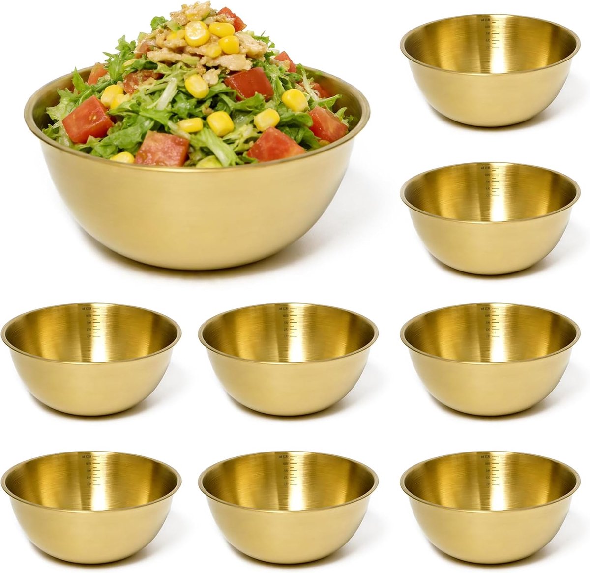 8 stuks slakommen goud roestvrij stalen kom 19 cm met 1,2 l schaalverdeling keukenkom goud roestvrijstalen kommen stapelbare serveerschaal gouden mengkom voor koken bakken (19 x 8 cm)