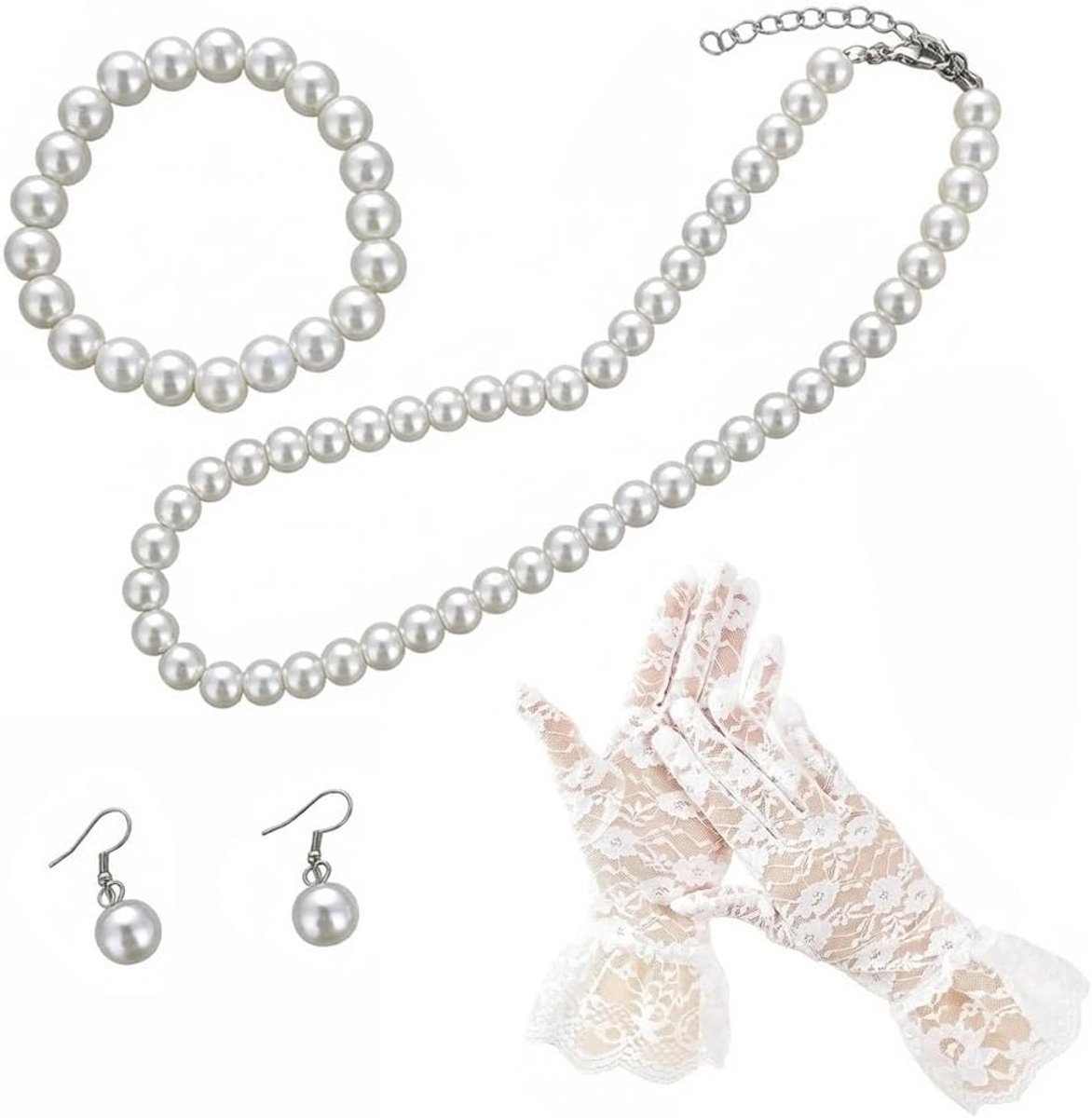 Handschoenen met Parelsieraden – 4 Stuks: Kanten Handschoenen + Parel Choker Ketting, Oorbellen en Armband voor Dames – Bruid, Prom, Avond, Vintage Jaren '20, Thee, Opera.