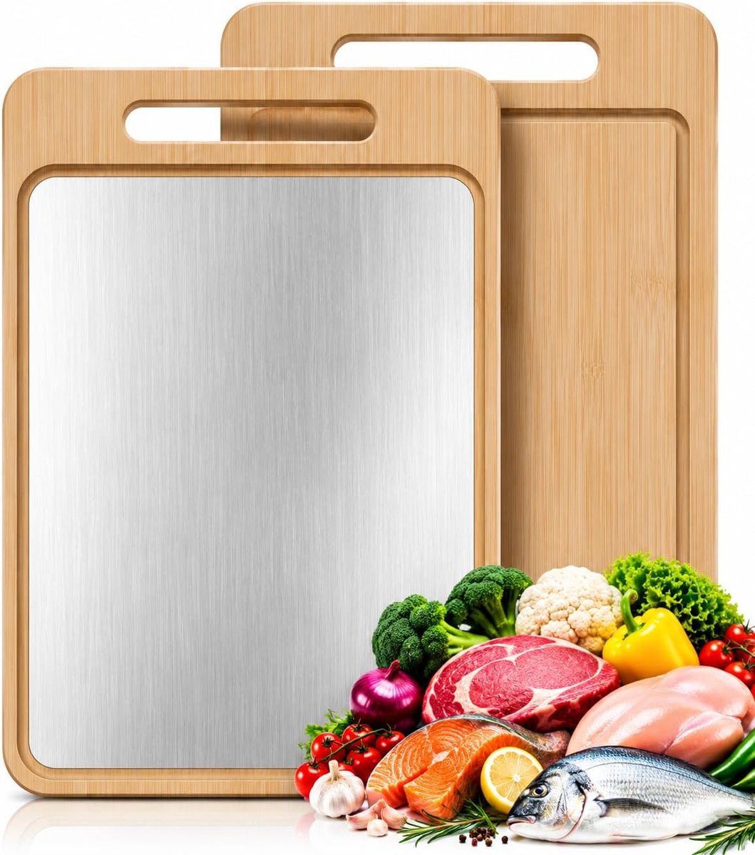 snijplank van roestvrij staal 304 en natuurlijk bamboe, omkeerbaar, hygiënisch, antibacterieel, groot formaat 39 × 28 × 1,4 cm, voor vlees, vis, groenten en fruit