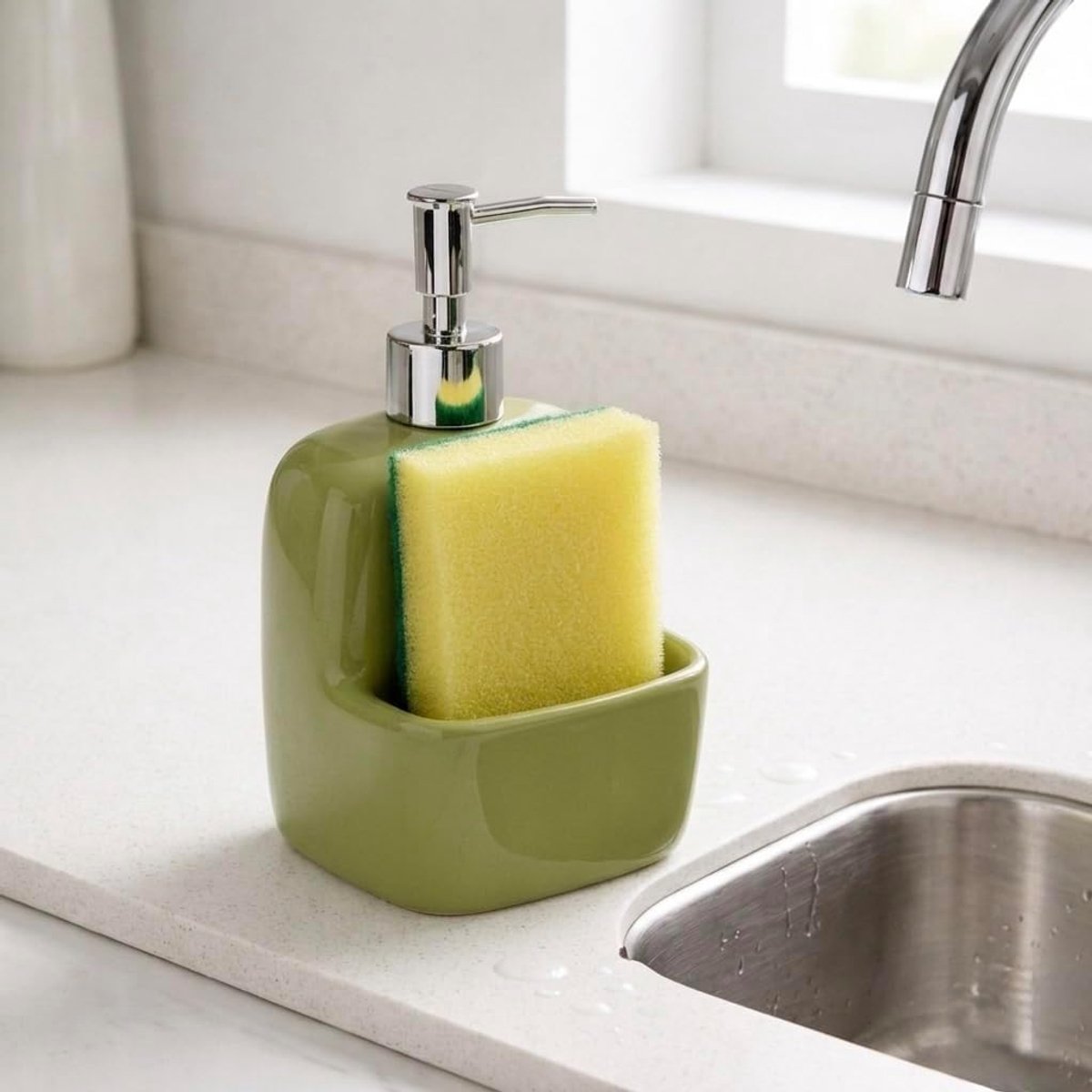Zeepdispenser van glanzend keramiek met sponshouder en verchroomde pomp, moderne zeepdispenser voor badkamer en keuken, ook ideaal voor afwasmiddel (groen)