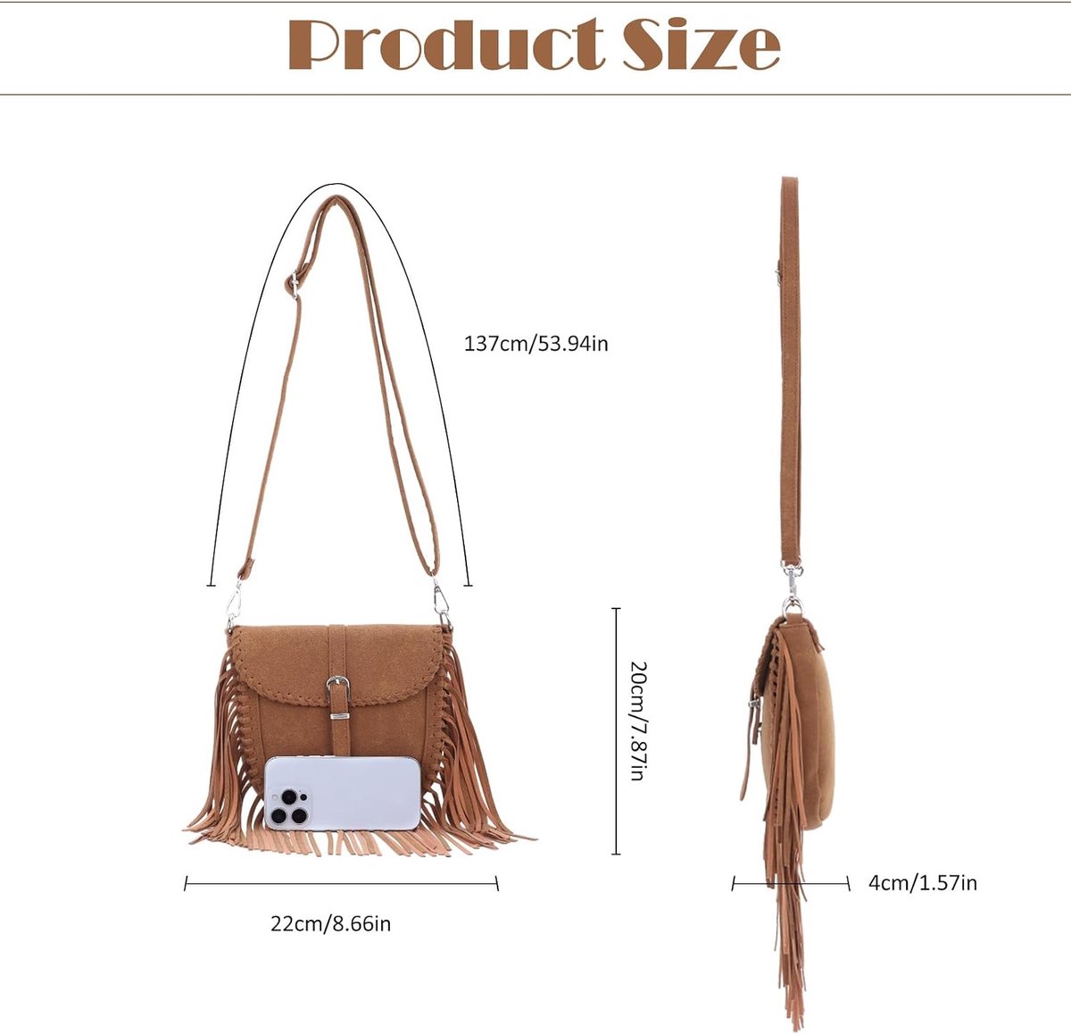 Damestas met franjes, hobotas, westerse stijl, suède schoudertas met kwastjes, boho-schoudertas, hippie crossbody tas, 22 cm (L) x 4 cm (W) x 20 cm (H)