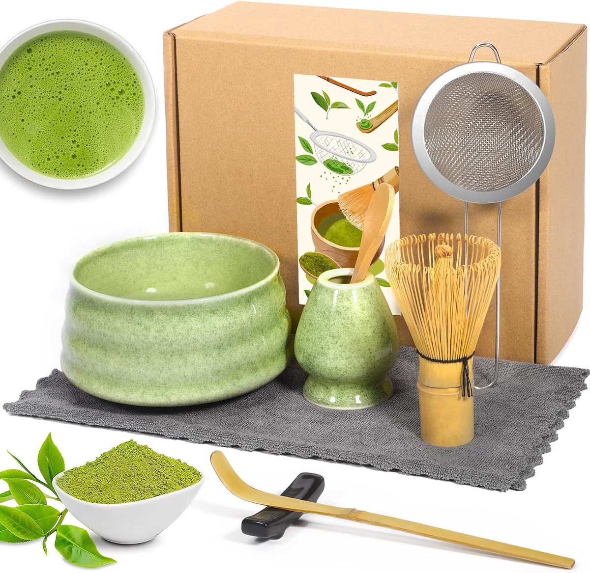 8-delige matcha-kwastenset, matcha-theeset, stijlvolle matcha-set, matcha-kom, chasen, matcha-lepel, schepje, zeef, theedoek, kwastenhouder, matcha voor beginners