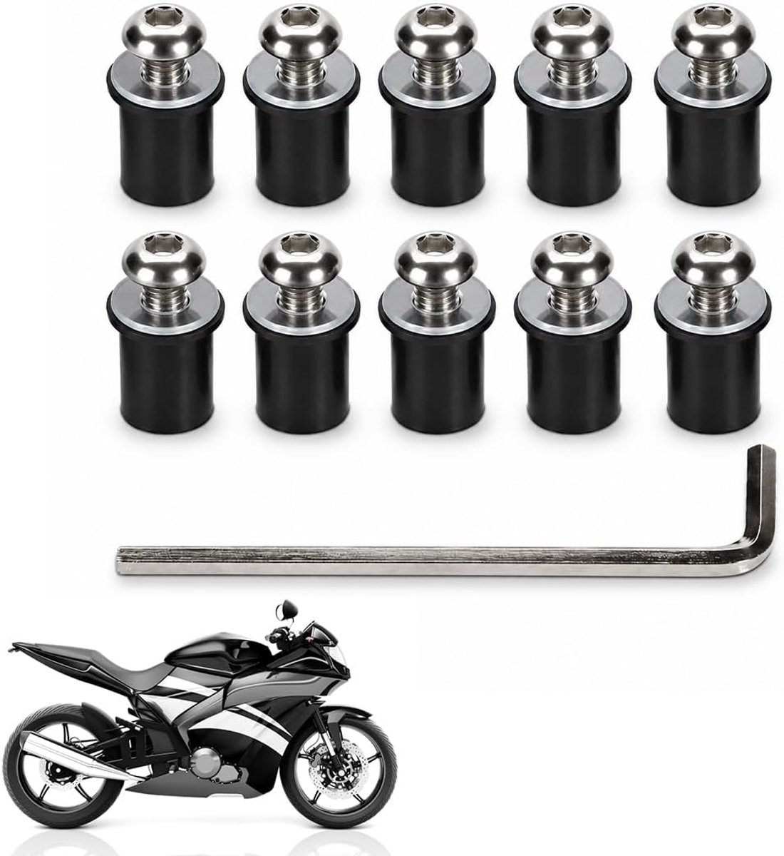 5 mm voor motorfietsen, 10 stuks aluminium schroeven met rubberen moeren en transparante ringen, set voor windschermen en carrosserieën van motorfietsen, met inbussleutel