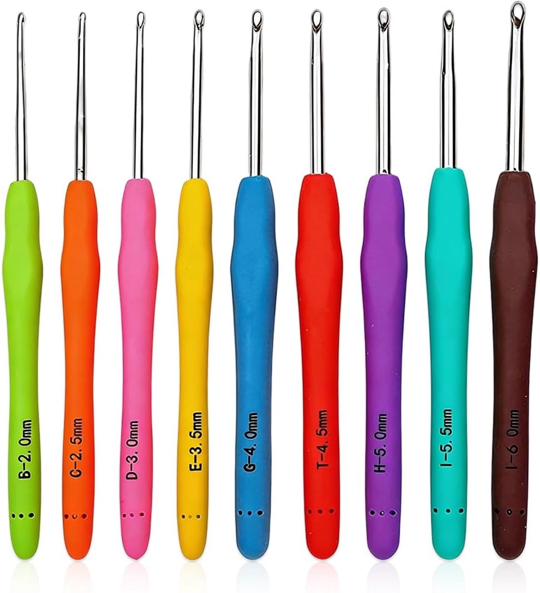 Haaknaaldenset, metalen haaknaalden met kleurrijke siliconen handgreep, extra lange haaknaald voor beginners en haakliefhebbers (14 cm, 2/2,5/3/3,5/4/4,5/5/5,5/6 mm