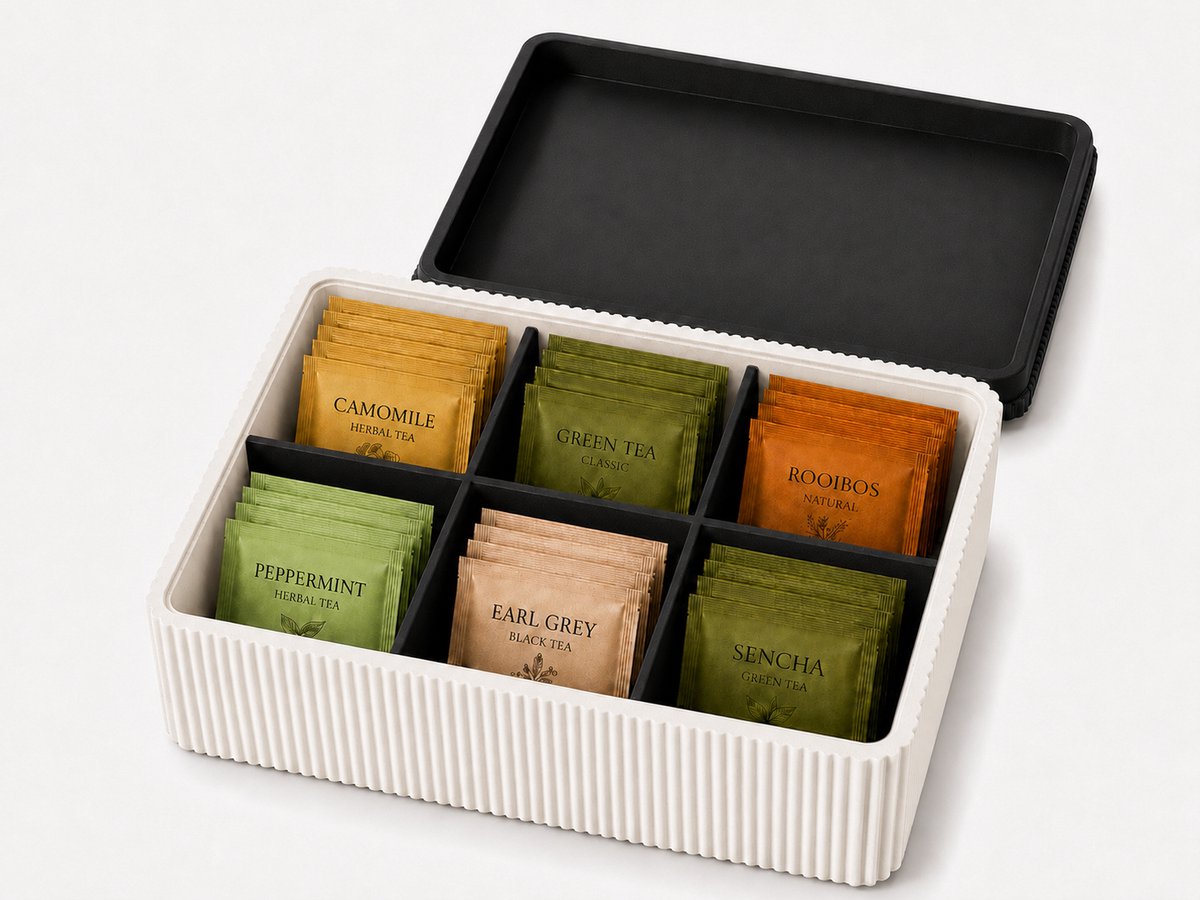 Tea Collection – Theedoos met Vakjes – Theezakjes Organizer – Geribbeld Design – Inclusief Deksel