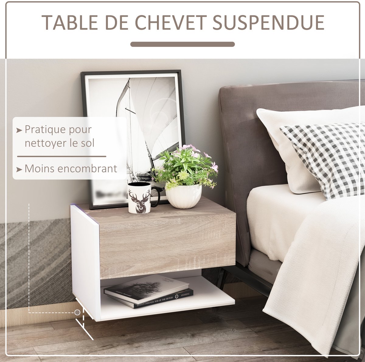 Nachtkastjes set van 2 - Nachtkastje zwevend - Nachtkastje - Nachtkast - Met lade - Wandmontage - Uitschuifbare lade - tweekleurig hout met een afwerking in licht eiken en wit