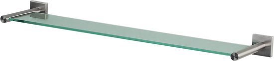 Glazen wandplank met mat chromen vierkante bevestigingen.