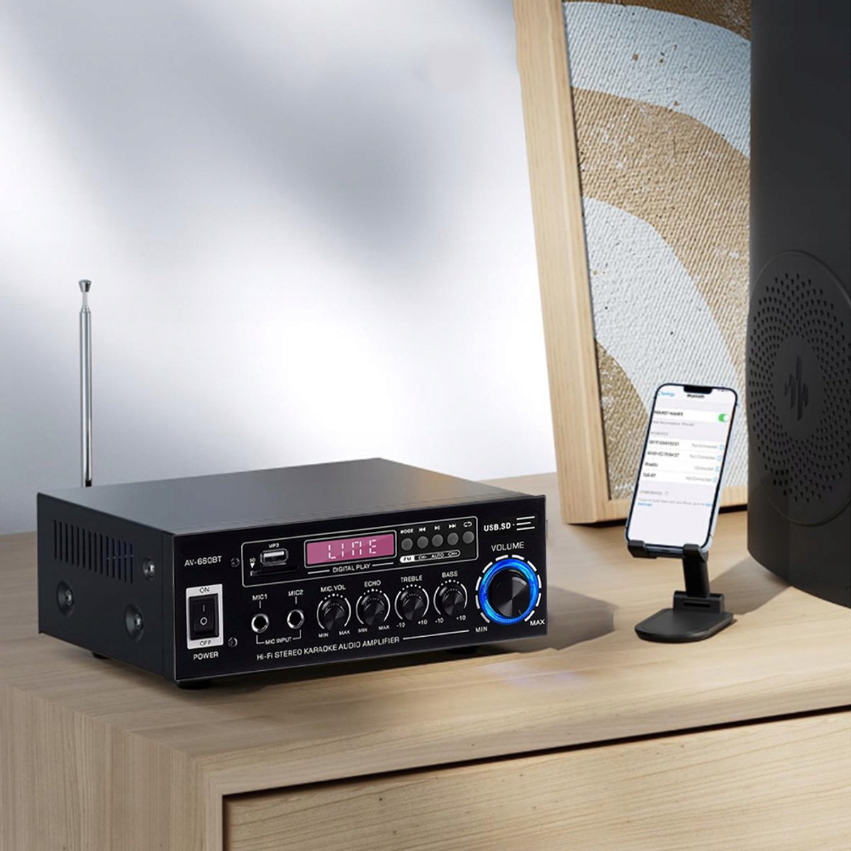 Hi-Fi-versterker - Met Bluetooth 5.0 en afstandsbediening - 12V - Auto- en thuisversterker - Hi-Fi Bluetooth-versterker - Dubbele microfooningangen - Zwart thumbnail 5