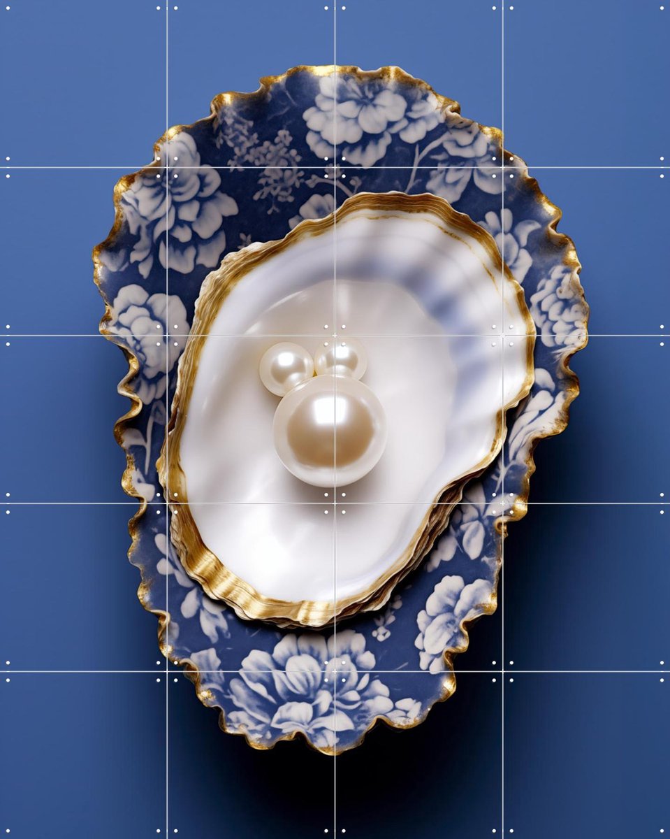 IXXI Delft Blue Flower Pattern Oyster with Gold and Pearls, OTTI - 80 x 100 cm - Gratis ophangtool - Grote wanddecoratie en posters - Klassiek