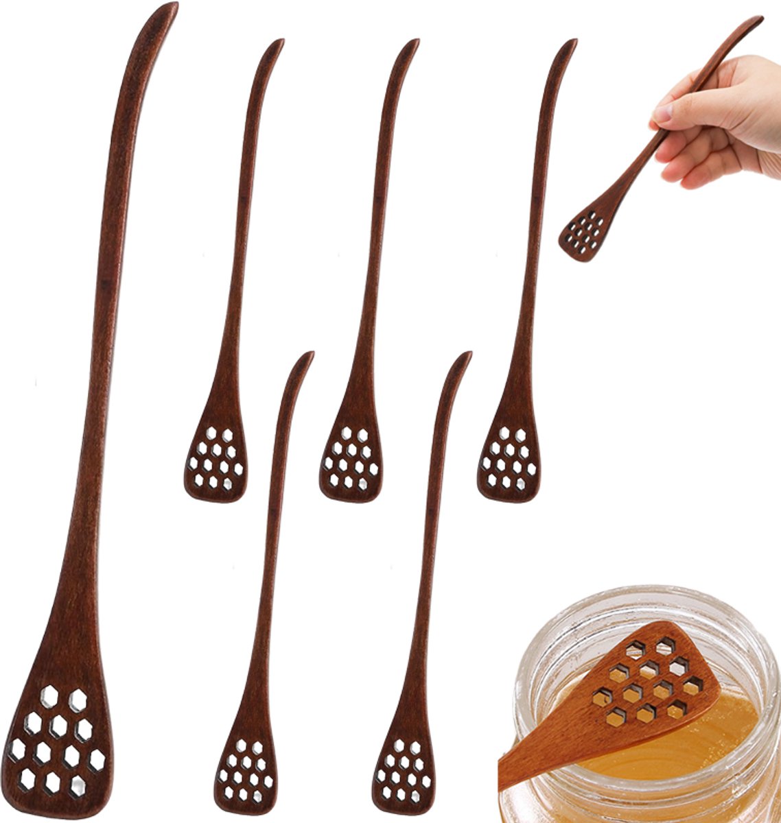 6 stuks - Honinglepel hout - Roerlepel - Houten Lepels - met honingraat gaten - 18.5cm - multifunctioneel keukengerei voor jam, ahornsiroop en dranken